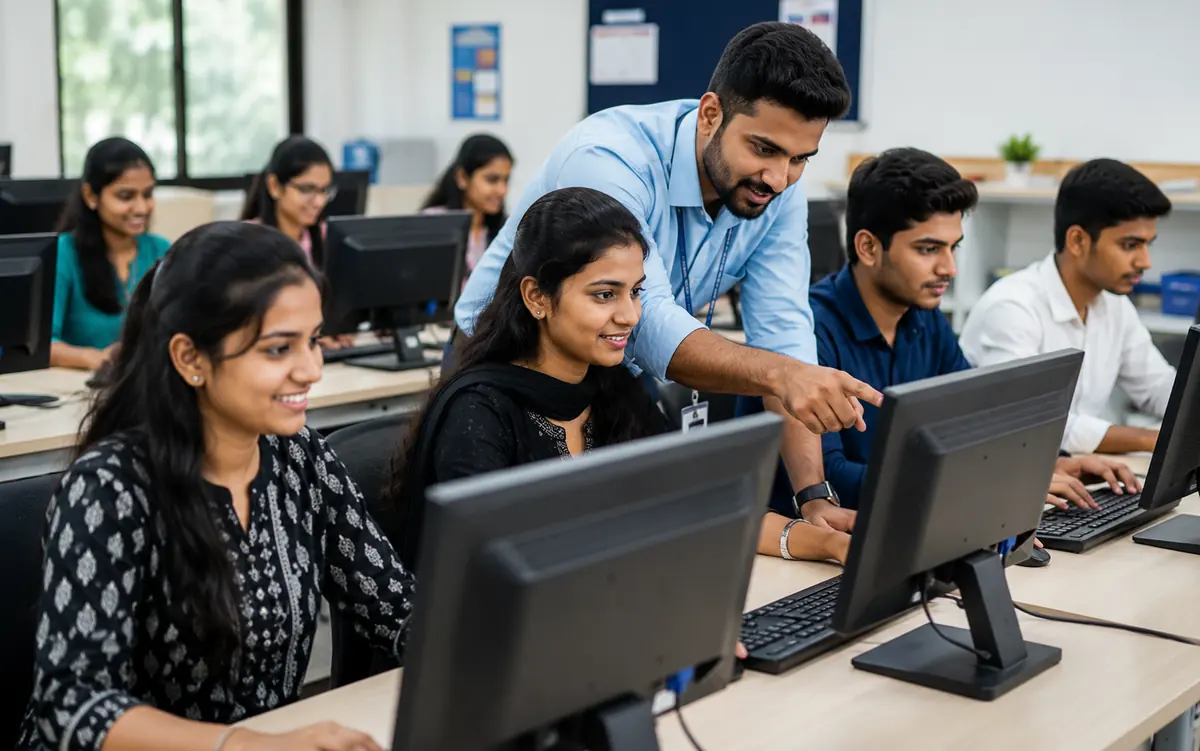 Students learning computer skills, a representative visual for proposed education programmes