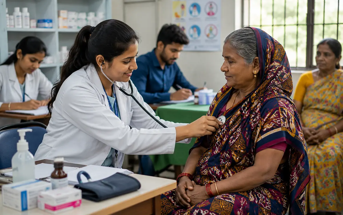 A health professional checking an older woman, a representative visual for proposed community health support